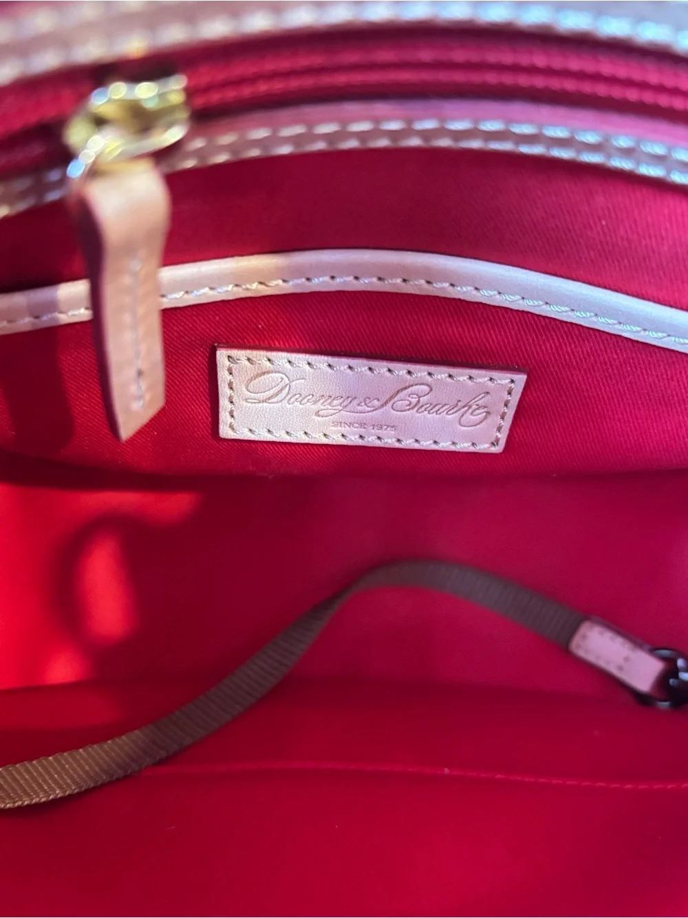 Dooney & Bourke Red and White Striped Shoulder/Messenger Bag with Tan Trim - Picture 6 of 8